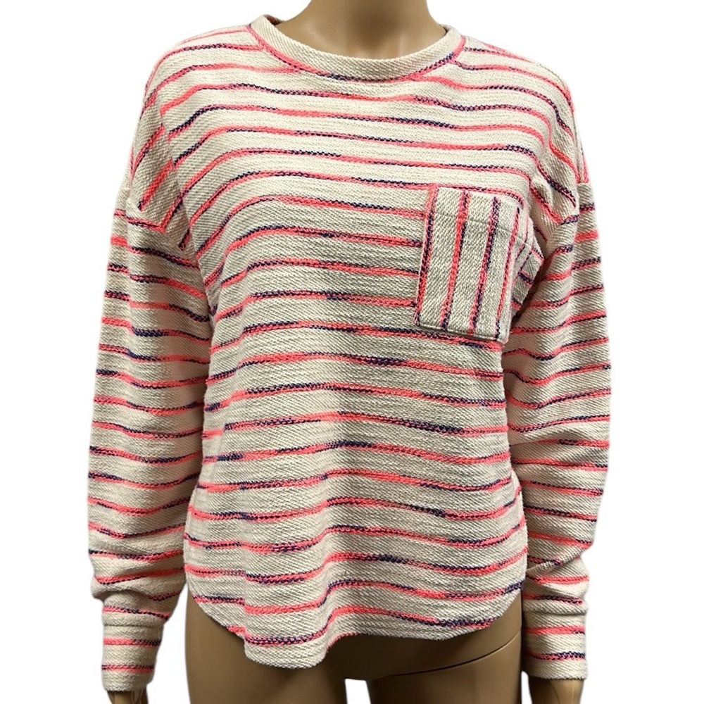 Lou and Grey Cream Neon Striped Terry Woven 3 Quarter Sleeve Pocket Top Medium